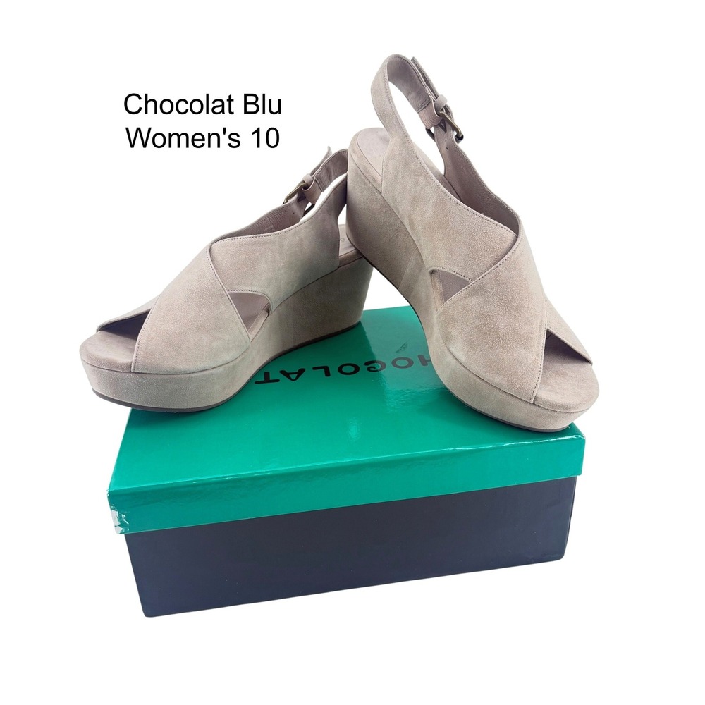 NEW Chocolat Blu Wim Taupe Suede Peep Toe Slingback Platform Wedge Sandals 10
